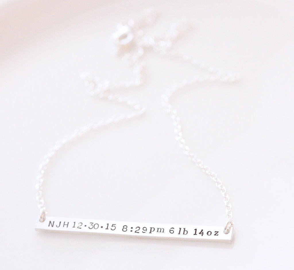birth stat bar necklace sterling silver