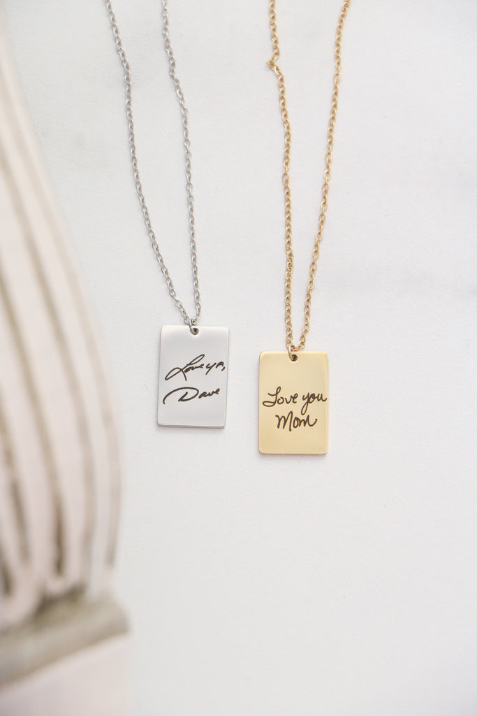 handwriting rectangle necklace { silver + gold }