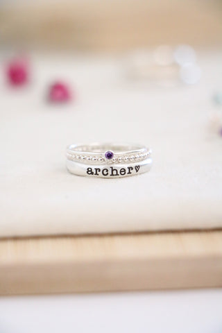 name ring + bead ring + birthstone ring {sterling silver}